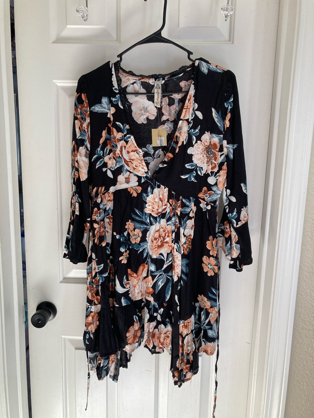 American Rag Black Floral V-Neck Tunic with Peach Blooms